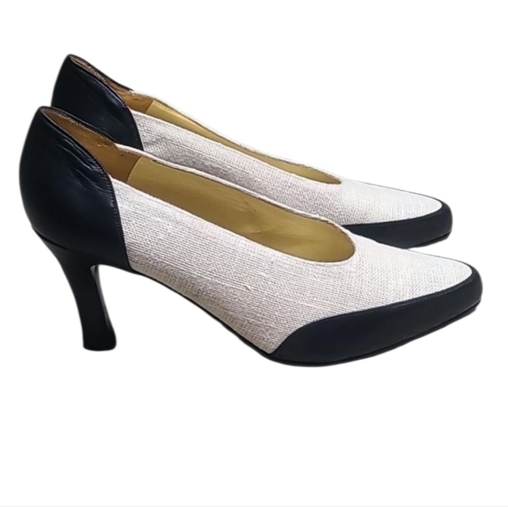 Charles Jourdan Cream Jute and Black Leather Designer Vintage Kitten Heels